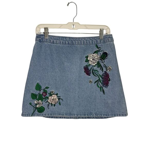 H&M X Coachella Women’s 8 Floral Embroidered Denim Skirt Cotton - Picture 2 of 8
